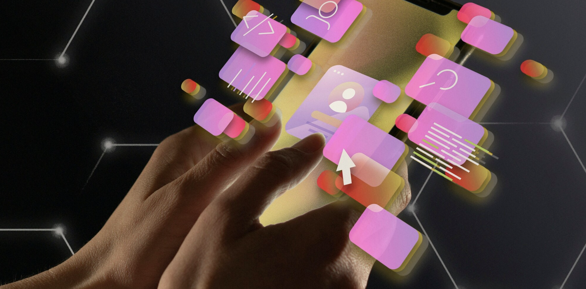 Fragmented digital presence — disconnected UI elements floating from a phone screen, illustrating a fragmented digital strategy